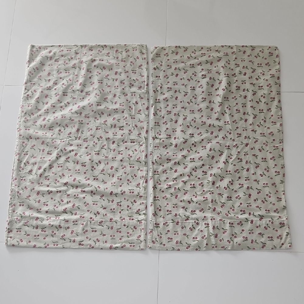 Pair Of Vintage Flannel Standard Pillowcases , Red Cherries On Pale Sage Green